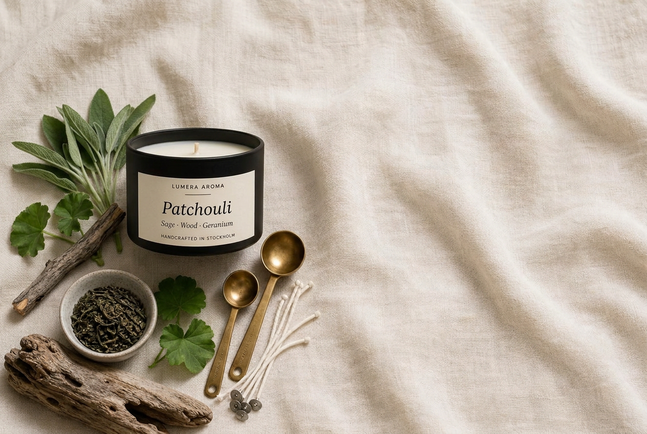 Lumera Aroma Patchouli doftljus på linne tillsammans med salvia, geranium och drivved
