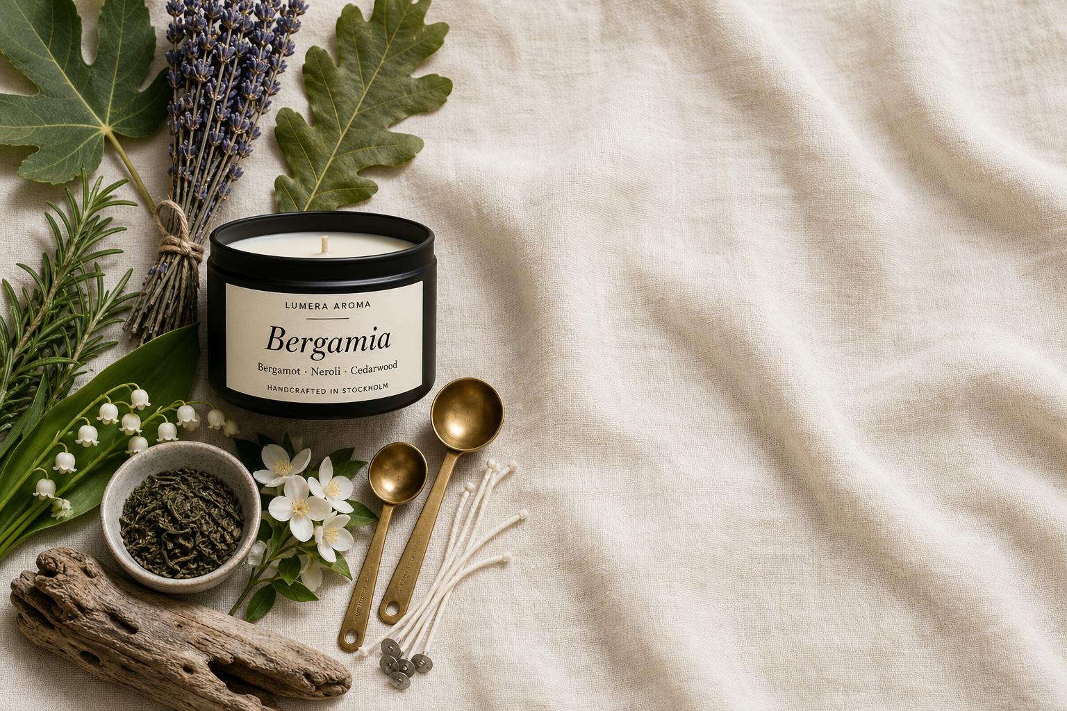 Andrea Marschall Hurtig häller doft i ett Lumera Aroma-ljus i ateljén i Stockholms skärgård